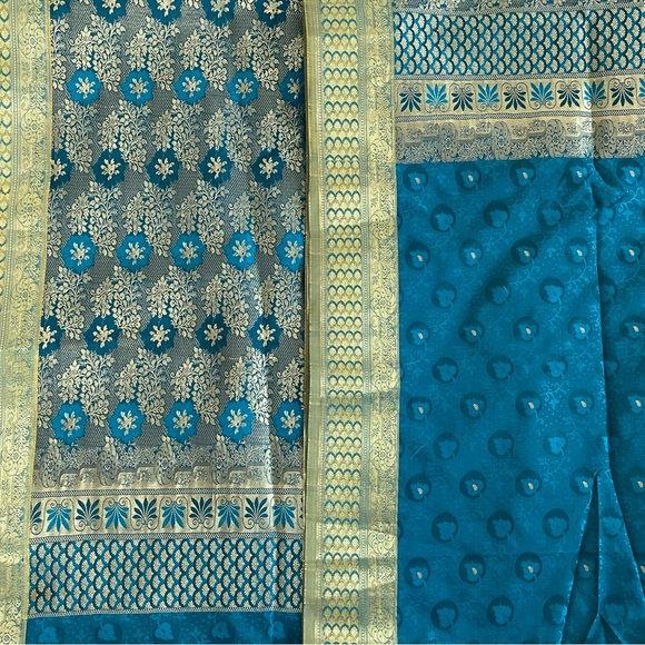 NEW Teal and Metallic Gold Silk Indian Saree Fabric 45” wide x 232” long - Picture 3 of 7